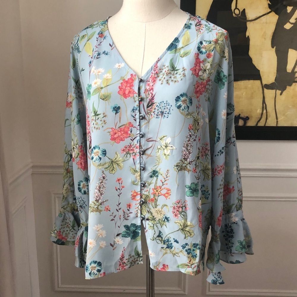 Sanctuary Posey Pale Blue Floral Blouse NWOT S